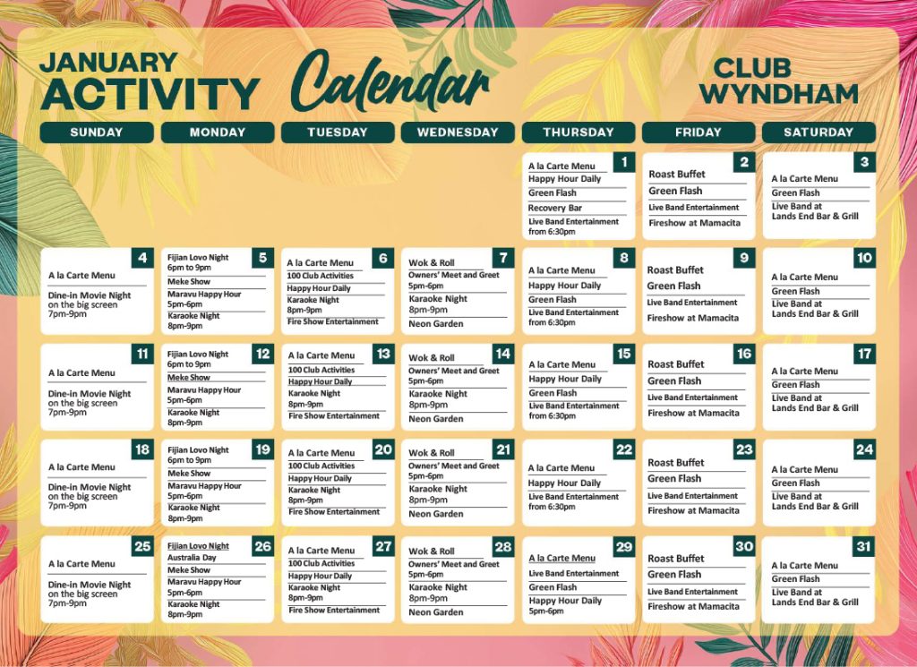 Club Wyndham Denarau January Activity Calendar 2026